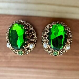 VTG West Germany Clip Earrings 1 Inch Filigree Green Gold Crystal Faux Pearl